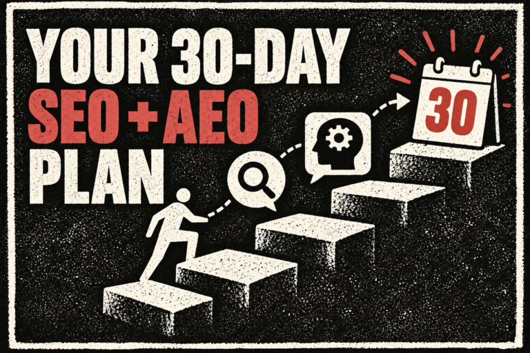Distressed black-and-cream poster showing four steps toward a 30-day SEO and AEO plan.