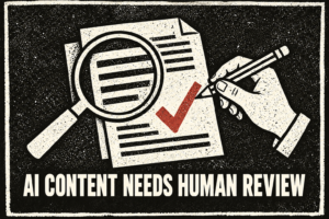 Black-and-cream distressed poster reading AI content needs human review, with a document, magnifying glass, pencil, and red checkmark.
