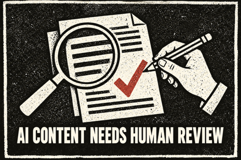Black-and-cream distressed poster reading AI content needs human review, with a document, magnifying glass, pencil, and red checkmark.