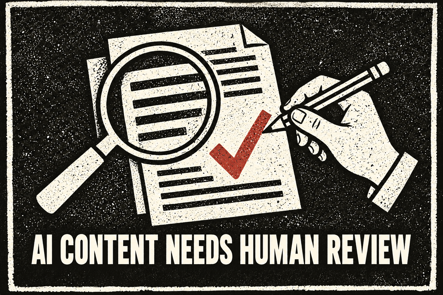 Black-and-cream distressed poster reading AI content needs human review, with a document, magnifying glass, pencil, and red checkmark.