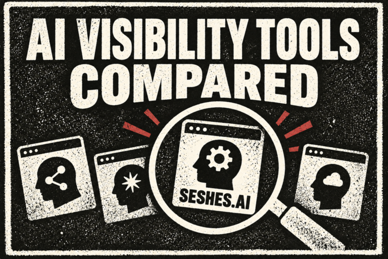 Distressed black-and-cream poster comparing AI visibility tools, with Seshes.ai highlighted through a magnifying glass.