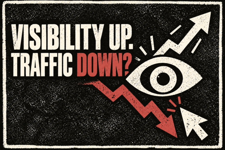 Distressed black-and-cream poster reading Visibility up. Traffic down?, with rising visibility and falling traffic arrows.